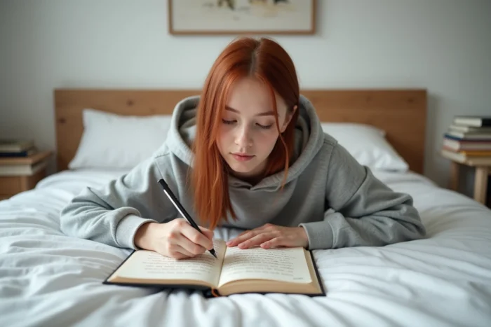 Jeune femme allongée sur un lit arrangeant des vers manuscrits dans un carnet de croquis pour composer un poème