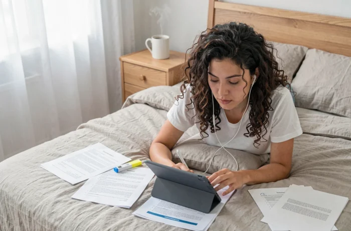 Jeune femme étudiant à distance sur une tablette allongée sur son lit avec des cours imprimés autour d'elle