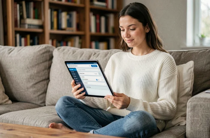 Jeune femme consultant un index complet de ressources financières sur une tablette depuis son salon