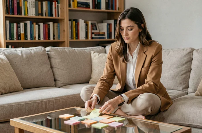 Jeune femme professionnelle révisant des notes adhésives colorées sur une table basse dans un appartement, organisation et planification du temps