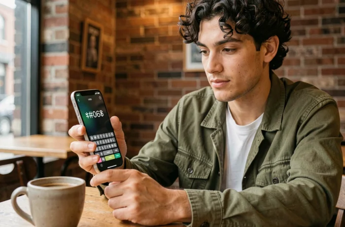 Jeune homme saisissant le code USSD pour afficher le numéro IMEI de son iPhone dans un café
