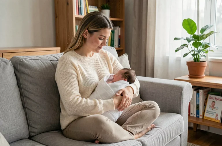 Jeune mère tenant son nouveau-né dans ses bras sur un canapé en lin gris, entourée de ressources parentales et d'un environnement chaleureux