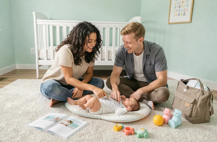 Couple de jeunes parents assis sur le sol de la chambre de bébé, consultant ensemble des guides et ressources essentiels pour les premiers mois de vie