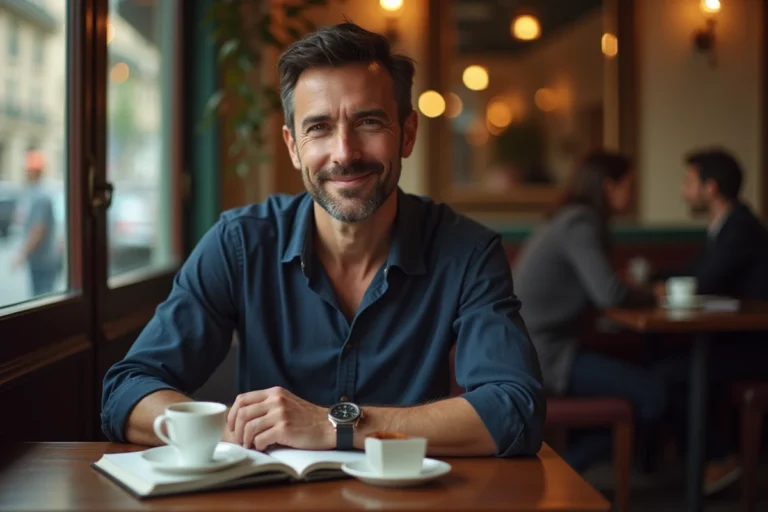 Portrait éditorial d'un homme aux traits méditerranéens assis dans un bistro parisien, évoquant l'identité et les origines familiales de Jules Torres