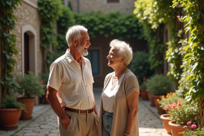 Couple de seniors aux traits méditerranéens dans une cour ensoleillée avec plantes en pot, symbolisant les racines familiales et les origines de Jules Torres