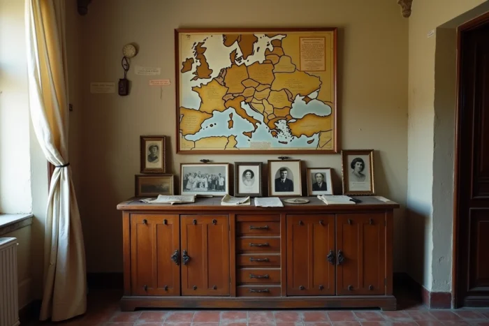 Collection de photographies de famille vintage et lettres manuscrites sur un buffet en bois, évoquant les racines et l'histoire familiale de Jules Torres
