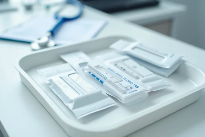Kits de tests salivaires disposés sur un plateau médical montrant les résultats de détection