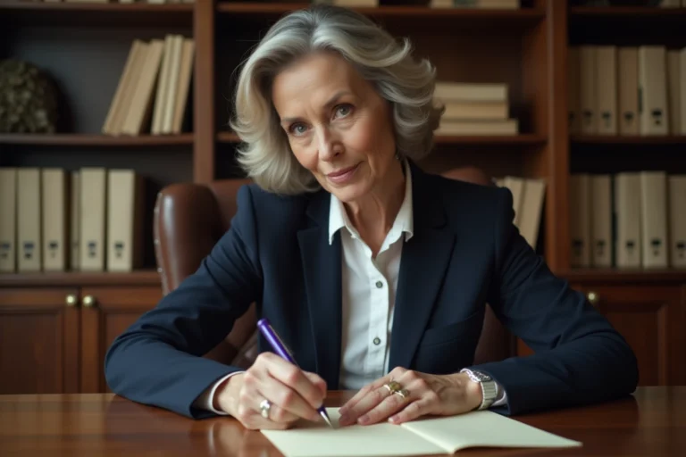 Femme rédigeant une lettre manuscrite au juge à son bureau à domicile, stylo plume sur papier crème