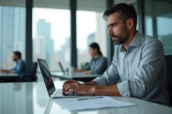 Homme rédigeant une lettre numérique adressée au juge sur un ordinateur portable dans un bureau moderne