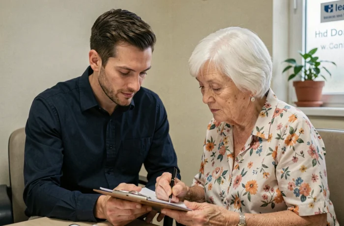 Orthophoniste accompagnant une patiente âgée dans un exercice de langage écrit en milieu hospitalier
