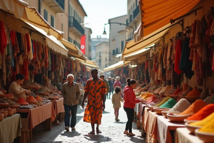 Marché de rue multiculturel animé avec des vendeurs et visiteurs de diverses origines culturelles, illustrant la richesse de la diversité sociale dans les villes modernes