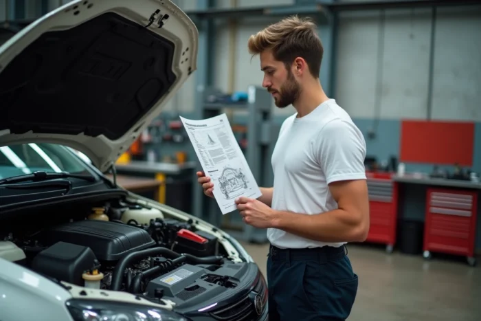 Jeune mécanicien consultant une fiche technique automobile imprimée depuis un PDF dans un atelier de réparation
