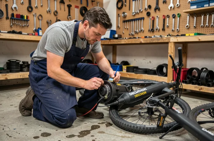 Mécanicien vérifiant le moteur d'un vélo électrique Decathlon en atelier de réparation