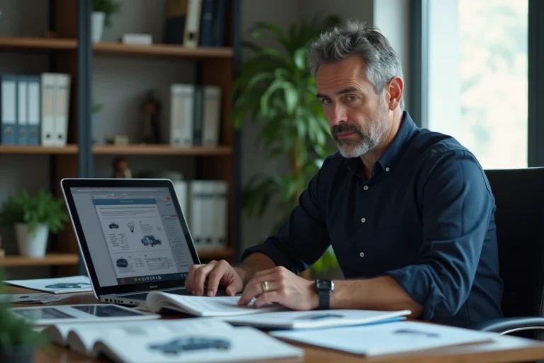 Mécanicien consultant une revue technique automobile en PDF sur un ordinateur portable à son bureau