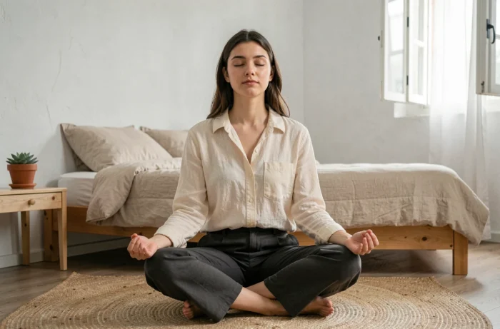 Jeune femme pratiquant la méditation dans une chambre minimaliste et apaisante, illustrant l'importance du bien-être mental pour préserver sa santé