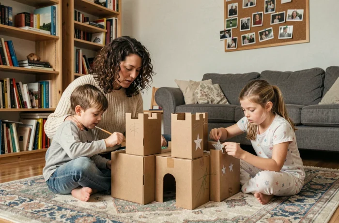 Mère célibataire et ses deux enfants construisant un château en carton DIY dans un salon chaleureux et personnalisé