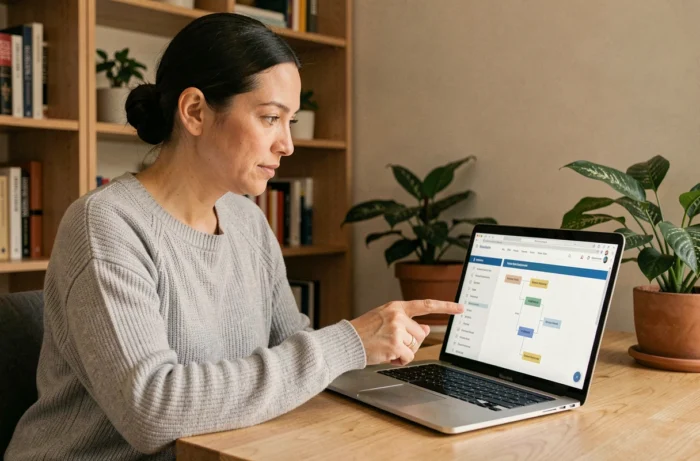 Femme utilisant un plan de site web sur son ordinateur portable pour naviguer facilement sur un site d'actualités