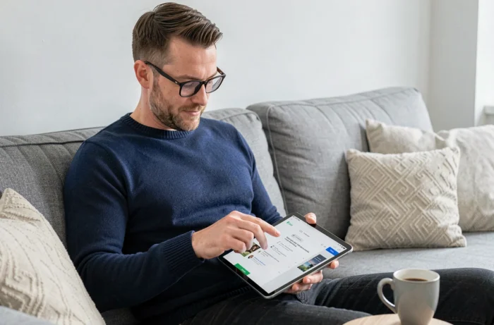 Homme naviguant sur le plan du site Mister Papa depuis une tablette dans son salon