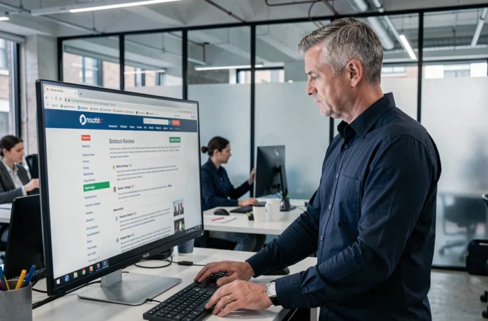 Homme consultant le plan d'un site d'actualités sur un grand écran de bureau dans un open space professionnel