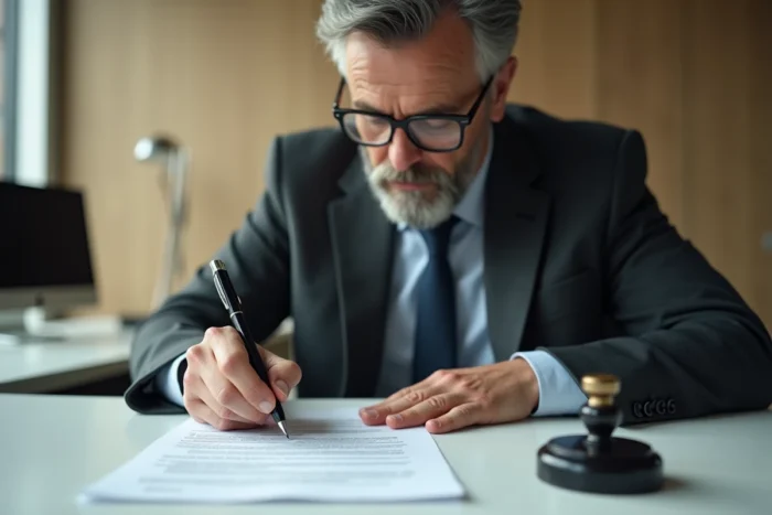 Notaire analysant un accord financier complexe dans un bureau juridique moderne