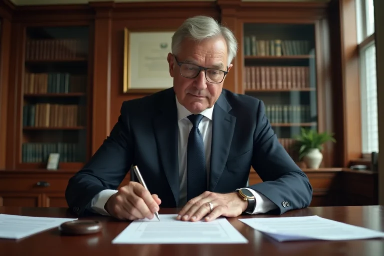 Notaire de banque estampillant un contrat financier officiel dans son bureau professionnel