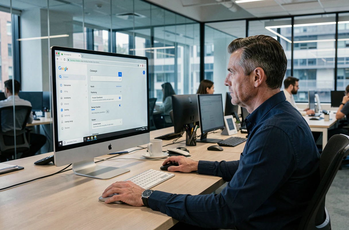 Homme modifiant les paramètres du moteur de recherche Yahoo dans Chrome sur un ordinateur de bureau en open space