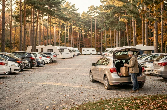 Parking gratuit près du domaine de Chambord avec des visiteurs qui se garent au milieu des arbres en automne
