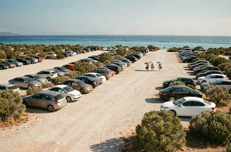 Parking La Pelosa à Stintino avec voitures garées sur terrain sablonneux et végétation méditerranéenne en arrière-plan