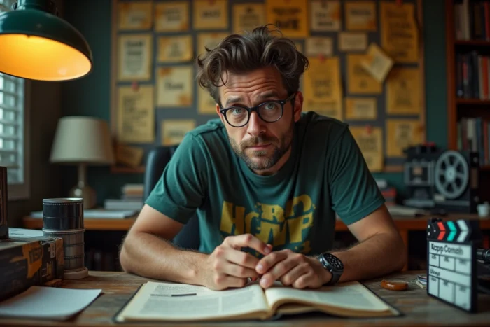 Passionné de cinéma série Z étudiant des revues de films cultes dans son bureau encombré de souvenirs cinématographiques