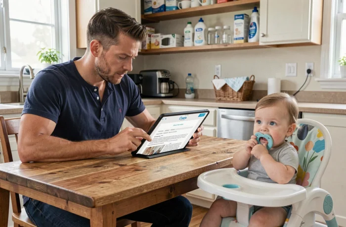 Père consultant des ressources parentales sur une tablette à la cuisine pendant que son bébé joue dans une chaise haute colorée