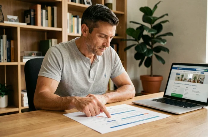 Père de famille consultant le plan du site Mister Papa à son bureau à domicile