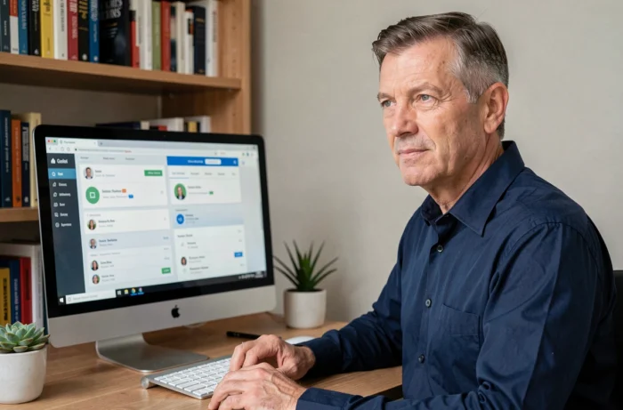 Père consultant deux interfaces de comptes parentaux distincts sur un ordinateur de bureau dans un bureau à domicile organisé
