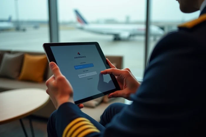 Pilote Air France se connectant à l'intranet Intralignes depuis une tablette dans un salon d'équipage d'aéroport