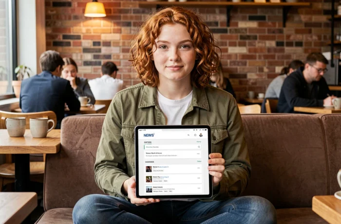 Jeune personne naviguant sur le plan d'un site d'actualités via une tablette dans un café urbain
