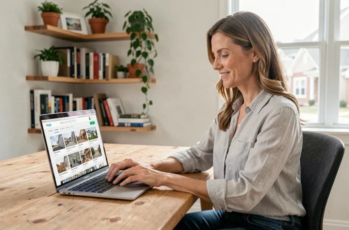 Femme utilisant une plateforme en ligne pour trouver des artisans pour des travaux immobiliers