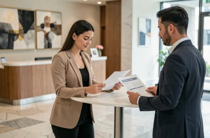 Professionnelle et responsable de compte examinant une proposition commerciale dans le hall d'une entreprise de services