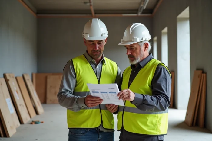 Deux professionnels du BTP en gilets jaunes analysant un devis sur tablette à l'intérieur d'un bâtiment en construction