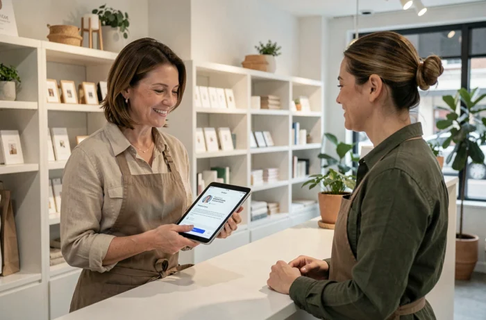 Propriétaire de boutique consultant des avis positifs en ligne avec un collègue dans un commerce