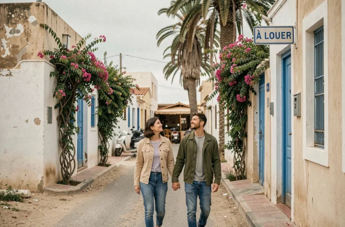 Couple cherchant une location longue durée dans un quartier résidentiel calme d'Essaouira avec maisons traditionnelles