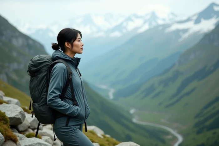 Randonneuse en montagne contemplant un panorama de vallée alpine, voyage au féminin en pleine nature et aventure solo