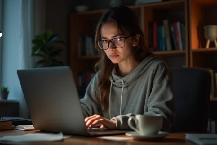 Jeune femme rédigeant un avis négatif en ligne sur une clinique dentaire The Smilist depuis son domicile