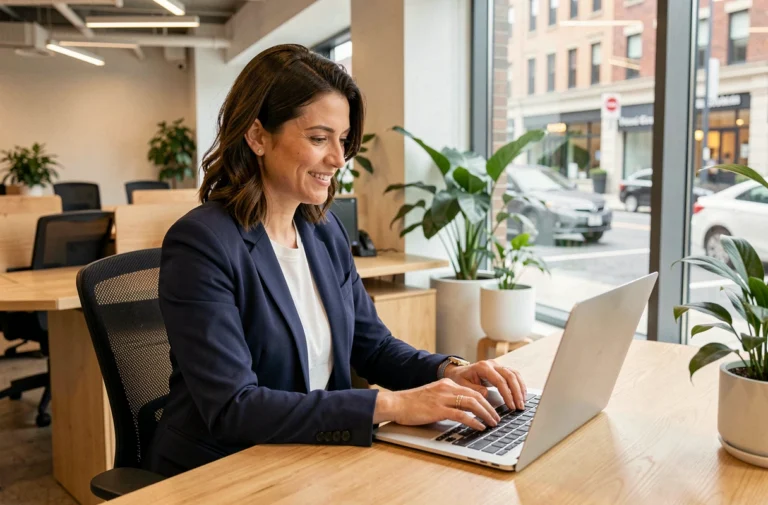 Femme professionnelle rédigeant un avis positif sur une entreprise depuis son ordinateur portable au bureau