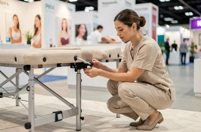 Massothérapeute réglant la hauteur d'une table de massage portable lors d'un salon professionnel du bien-être