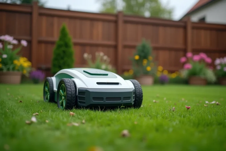 Robot tondeuse Parkside autonome en action sur une pelouse verte bien entretenue dans un jardin résidentiel européen