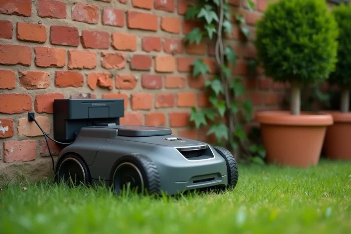 Robot tondeuse Parkside posé sur sa station de recharge fixée contre un mur en briques dans un coin de jardin