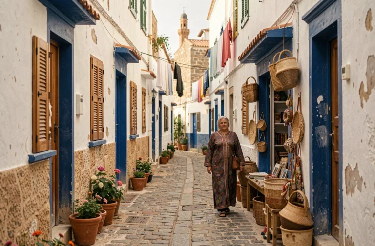 Ruelle typique de la médina d'Essaouira avec maisons blanchies à la chaux et femme en djellaba colorée pour une location longue durée