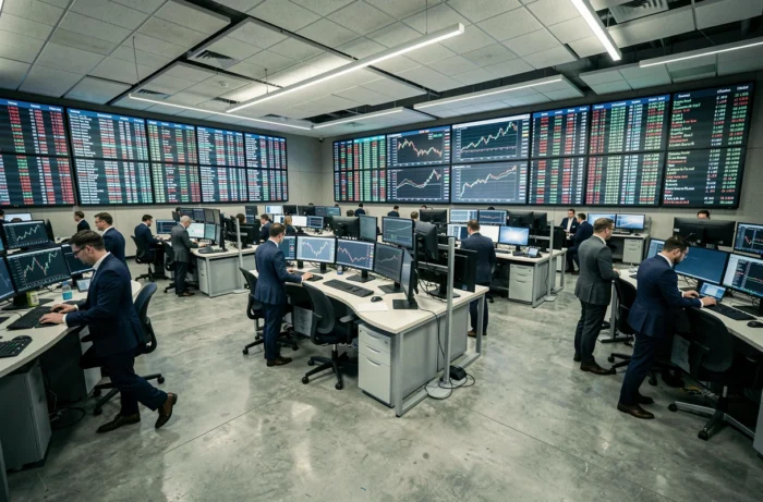 Salle de trading financière animée avec écrans multiples affichant des données boursières en temps réel et des professionnels au travail