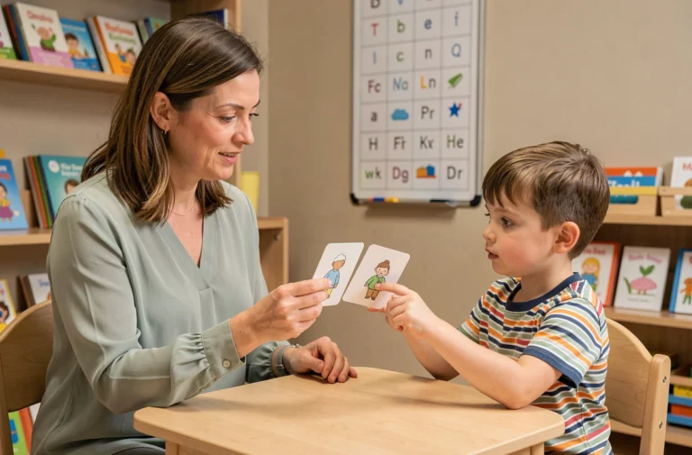 Orthophoniste montrant des cartes illustrées à un jeune enfant lors d'une séance de logopédie en cabinet