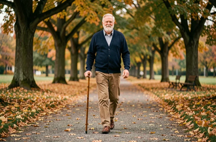 Homme senior marchant seul dans un parc en automne avec une canne en bois parmi les feuilles dorées