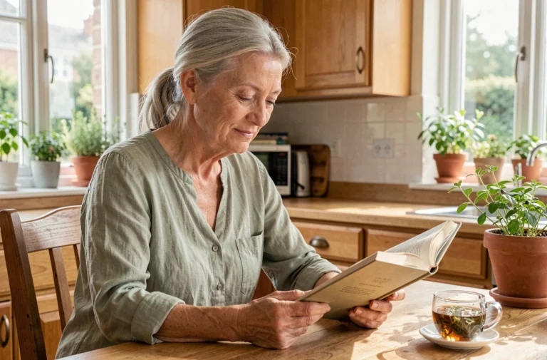 Senior sereine lisant un livre autour d'une tasse de thé dans une cuisine chaleureuse en bois